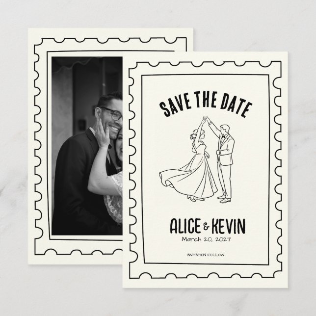 Ivory Hand Drawn Illustration Wedding Minimalist   Save The Date (Front/Back)