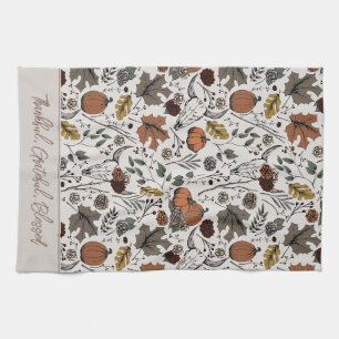 Ivory Harvest and Horns Thankful Grateful Blessed Tea Towel