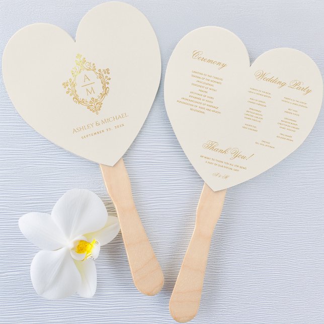Ivory Heart Wedding Program Gold Crest Monogram  Hand Fan (Creator Uploaded)
