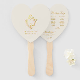 Ivory Heart Wedding Program Gold Crest Monogram  Hand Fan