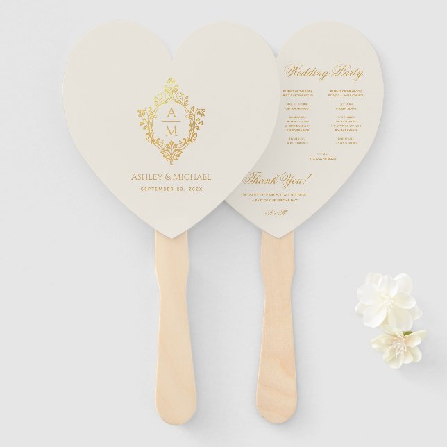 Ivory Heart Wedding Program Gold Crest Monogram  Hand Fan (Front and Back)