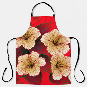 ivory hibiscus flowers seamless pattern on red apron