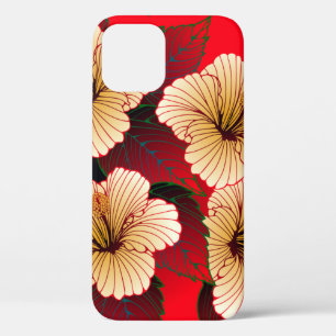 ivory hibiscus flowers seamless pattern on red iPhone 12 case