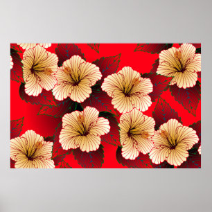ivory hibiscus flowers seamless pattern on red poster