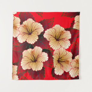 ivory hibiscus flowers seamless pattern on red tapestry