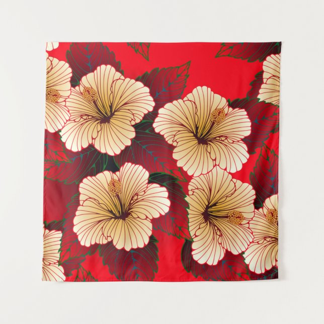 ivory hibiscus flowers seamless pattern on red tapestry (Front)