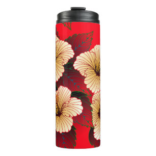 ivory hibiscus flowers seamless pattern on red thermal tumbler