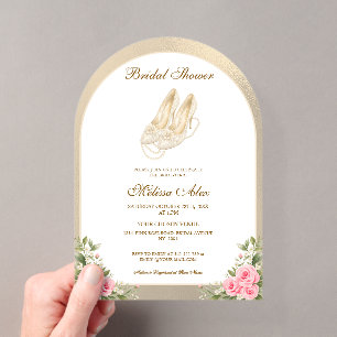 Ivory High Heels Pearls Pink Roses Bridal Shower Acrylic Invitations