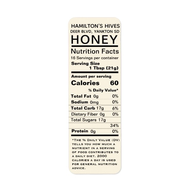 Ivory Honey Nutrition Facts Return Address Label (Front)