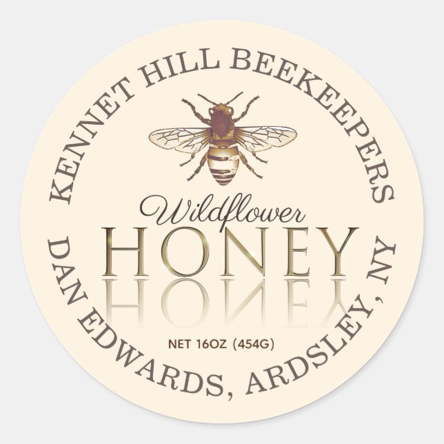 Ivory Honey Reflected Gold Text Honeybee Label (Front)