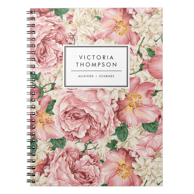 Ivory Hydrangeas and Pink Garden Roses Floral Notebook (Front)