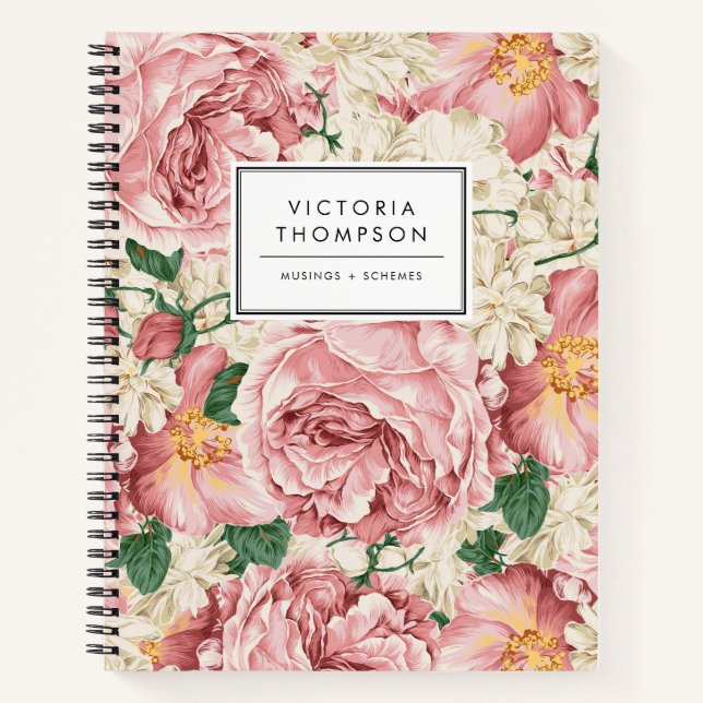 Ivory Hydrangeas and Pink Garden Roses Floral Notebook (Front)