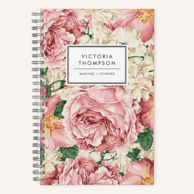 Ivory Hydrangeas and Pink Garden Roses Floral Notebook (Front)