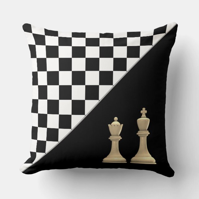 Ivory King & Queen on Stylish Black & White  Chess Cushion (Front)