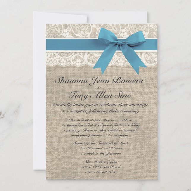 Ivory Lace Aqua Blue Burlap Wedding Reception Invitation (Front)