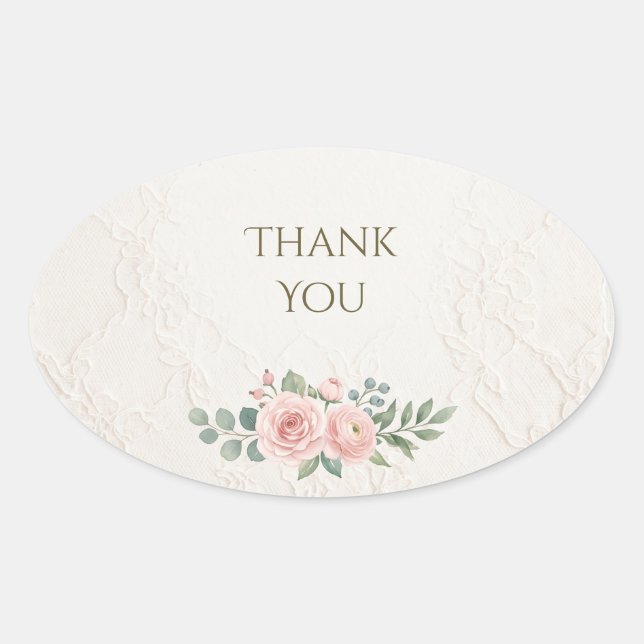Ivory Lace Blush Rose Wedding Thank You Oval Sticker (Front)