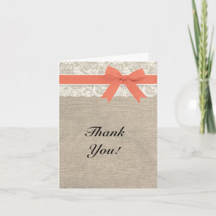 Ivory Lace Burlap and Coral Thank You Card