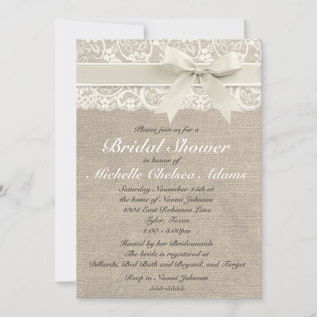 Ivory Lace Burlap Bridal Shower Invitation (Front)