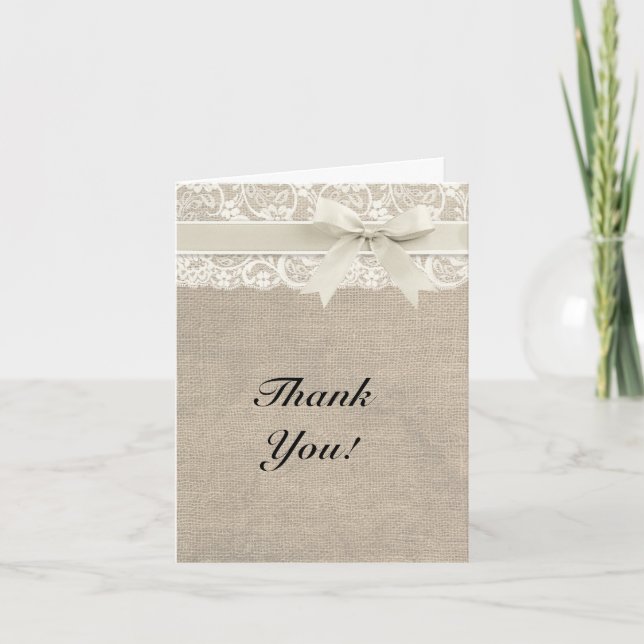Ivory Lace Burlap Look Thank You Card (Front)