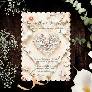 Ivory Lace Heart Floral Romantic Spring Wedding Invitation