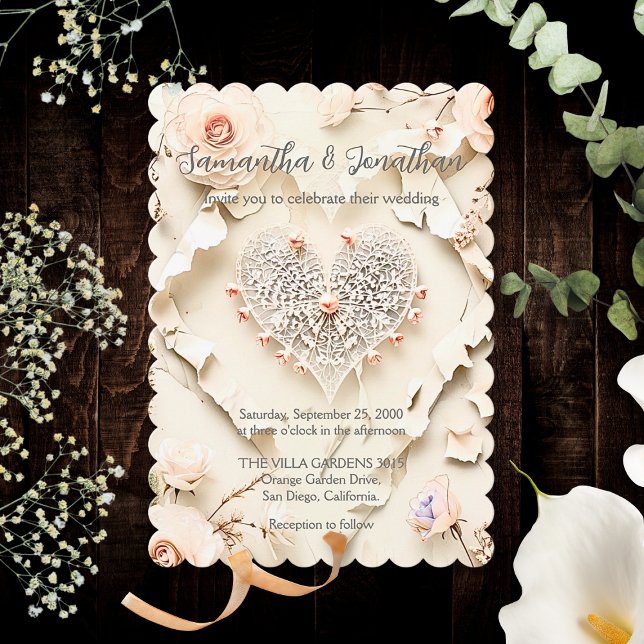 Ivory Lace Heart Floral Romantic Spring Wedding Invitation (Creator Uploaded)