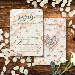 Ivory Lace Heart Floral Romantic Spring Wedding RSVP Card