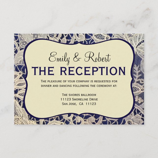 Ivory Lace Navy Blue Formal Wedding Reception Enclosure Card (Front)