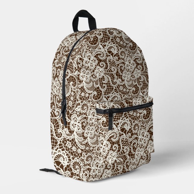 Ivory Lace On Brown Printed Backpack (Back Corner Left)