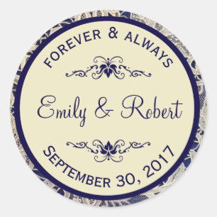 Ivory Lace Royal Navy Blue Formal Wedding Classic Round Sticker
