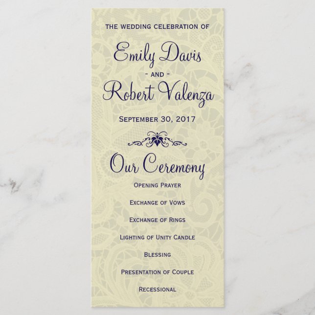 Ivory Lace Royal Navy Blue Formal Wedding Program Programme (Front)