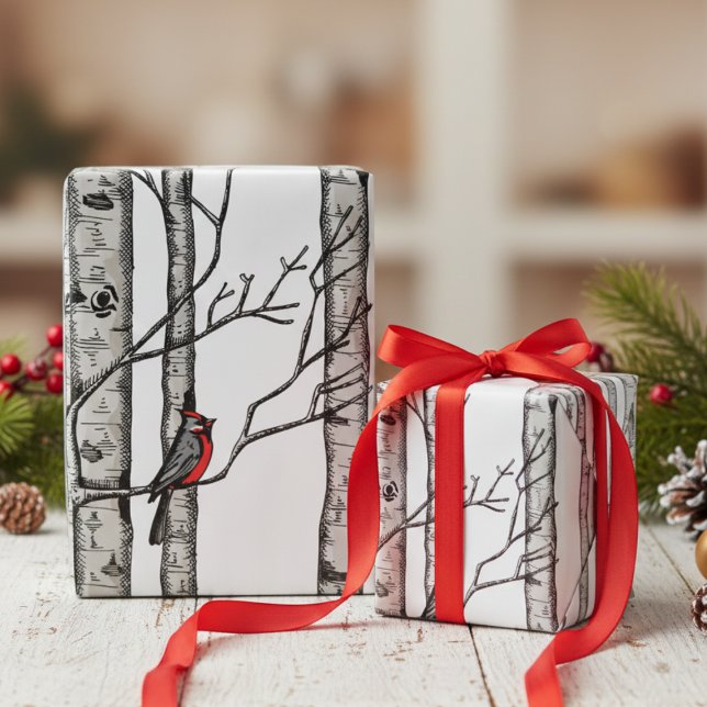Ivory Large Birch Trees and Red Cardinal Birds Wrapping Paper (Festive White Winter Christmas Red Cardinal Wrapping Paper. Elegant Birch Forest Trees Birds Pattern)