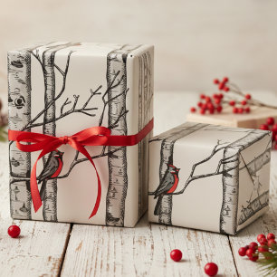 Ivory Large Birch Trees and Red Cardinal Birds Wrapping Paper