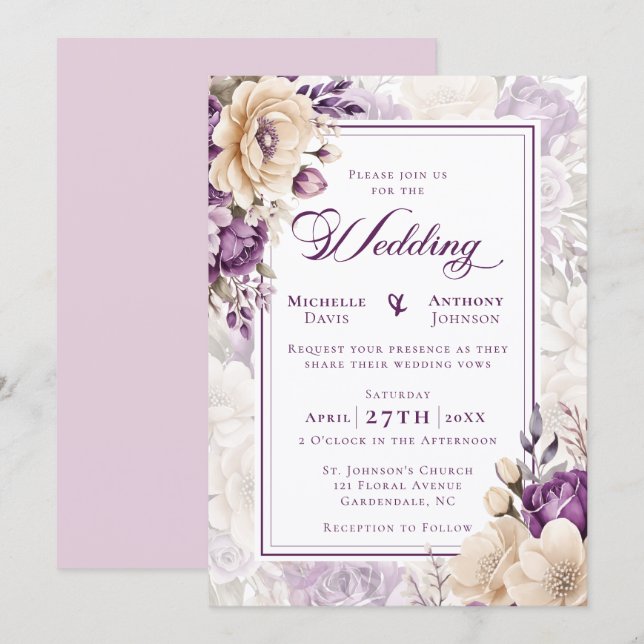 Ivory Lavender Botanical Wedding Invitation (Front/Back)