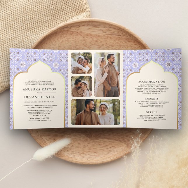 Ivory Lavender Pattern All in One Indian Wedding Tri-Fold Invitation (Creator Uploaded)