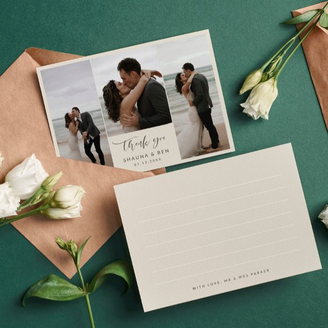 Ivory Lined Back 3 Photo Collage Wedding Thank You (Creator Uploaded)