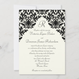 Ivory Linen and Black Damask Monogrammed Invite