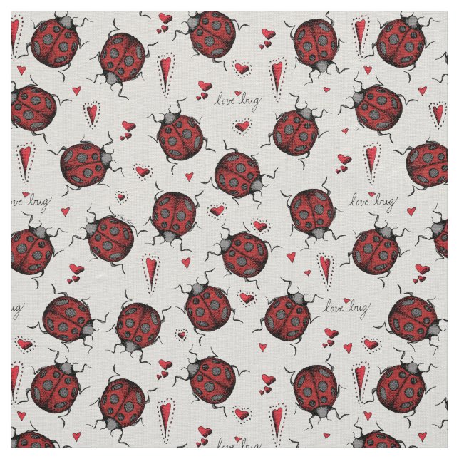 Ivory Linen LoveBug Ladybug Illustration Pattern Fabric (Swatch)