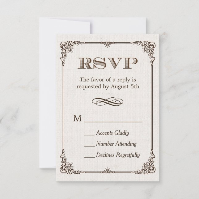 Ivory Linen Vintage Frame RSVP Reply Card (Front)