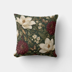 Ivory Magnolia & Burgundy Dahlia Botanical Cushion