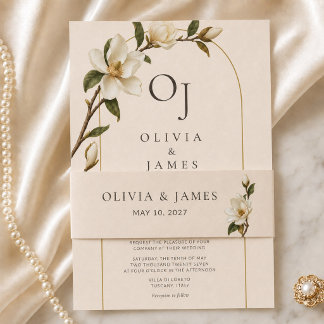 Ivory Magnolia Personalised Wedding Belly Band Invitation Belly Band