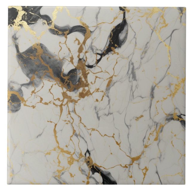 Ivory Marble Effect with Black and Gold Veins Tile (Front)