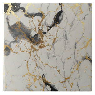Ivory Marble Effect with Black and Gold Veins Tile