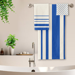 Ivory Marine Blue Stripes Polka Dots Bath Towel Set