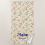 Ivory Mixed Bouquet Romantic Floral Wedding Party Beach Towel<br><div class="desc">Pack the pretty This luxe tote features an all-over vintage floral print in ivory, blue and blush with a chic script name on the front. Toss in your bach weekend must-haves or surprise your squad with a custom gift. Matching accessory bags, tumblers, and totes are available. || Click on "personalise...</div>