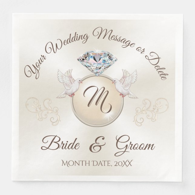 Ivory Monogram Wedding Napkins, Diamond Ring Napkin (Front)