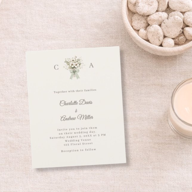 Ivory monogrammed floral green wedding invitation (Creator Uploaded)