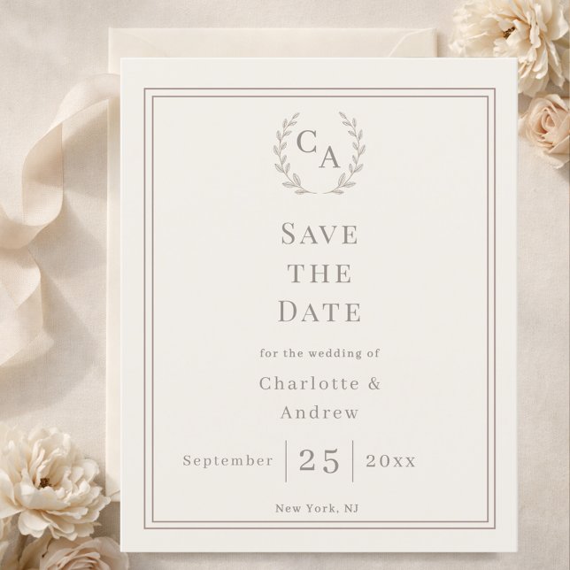 Ivory monogrammed wreath wedding Save the Date  Flyer (Creator Uploaded)