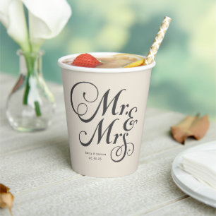 Ivory Mr. and Mrs. personalised rustic wedding Paper Cups