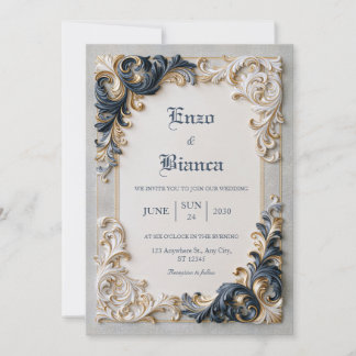 Ivory Navy Baroque Border Wedding Invitation