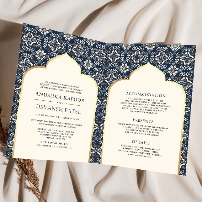 Ivory Navy Blue Pattern All in One Indian Wedding Invitation (Creator Uploaded)